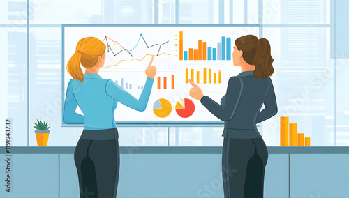 Businesswomen Collaborating and Analyzing Colorful Charts and Graphs on a Digital Board in a Modern Office Space