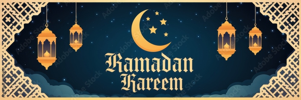 Ramadan Kareem Night Scene with Lanterns and Stars Ramadan Kareem Night Scene with Lanterns and Stars