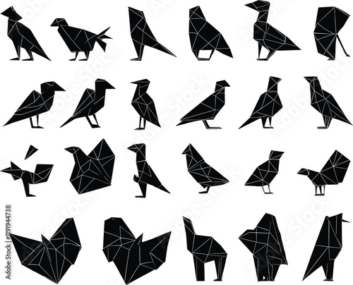 Geometric Origami Birds: Black Vector Illustration