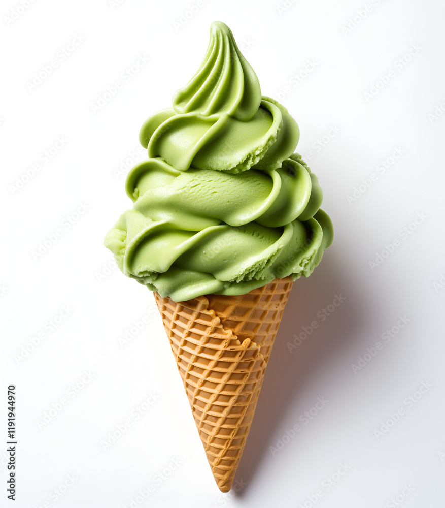 delicious matcha soft-serve ice cream in a cone, on a white background. delicious matcha soft-serve ice cream in a cone, on a white background.