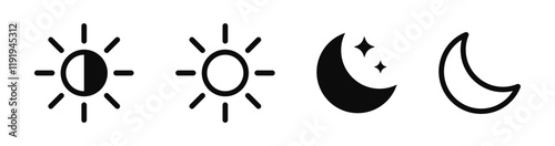Sun and moon icon vector day and night icon set. dark and light mode icons , Screen brightness and contrast level signs and symbols for app user interface and web elements