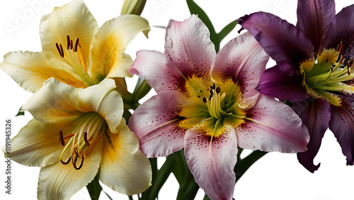 Three lilies with different colors one is yellow, one is pink, and one is purple. The lilies are placed against a white background.