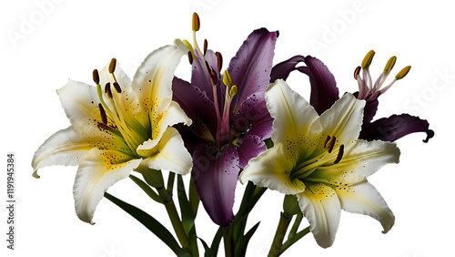 A bouquet of white and purple flowers with green stems and leaves.