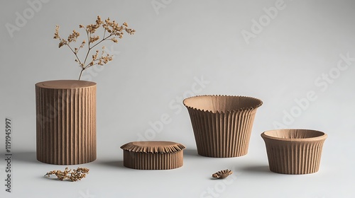 Eco-friendly cardboard containers, vase, and dried flowers; minimalist studio shot; sustainable design photo