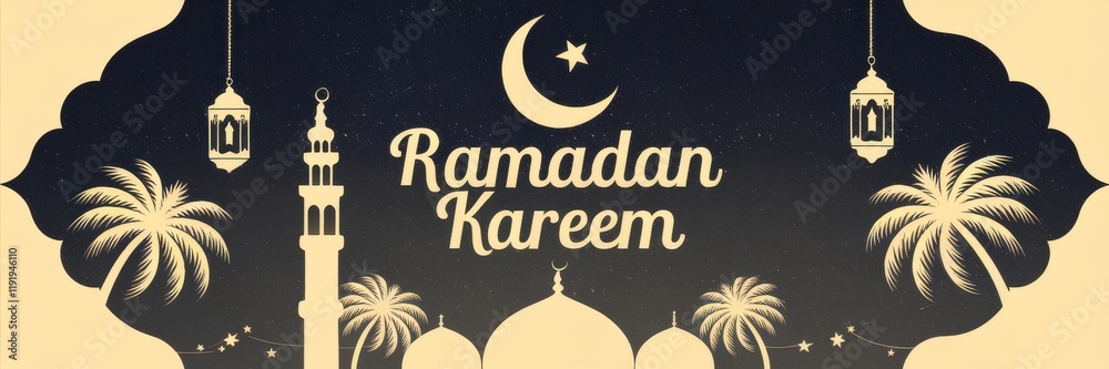 Ramadan Kareem Night Scene Mosque Palms Lanterns Stars Ramadan Kareem Night Scene Mosque Palms Lanterns Stars