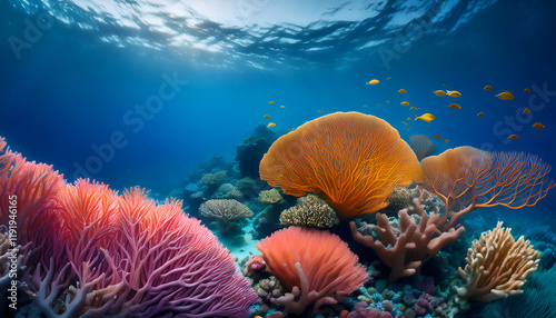 Wallpaper Mural Vibrant underwater scene captures colorful fish swimming among bright coral reefs and a playful yellow ring. This image evokes joy and tranquilit Torontodigital.ca