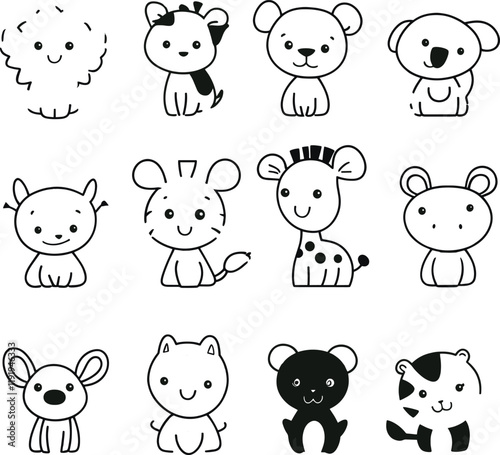 Cute Animal Icons - Black and White Vector Illustration photo