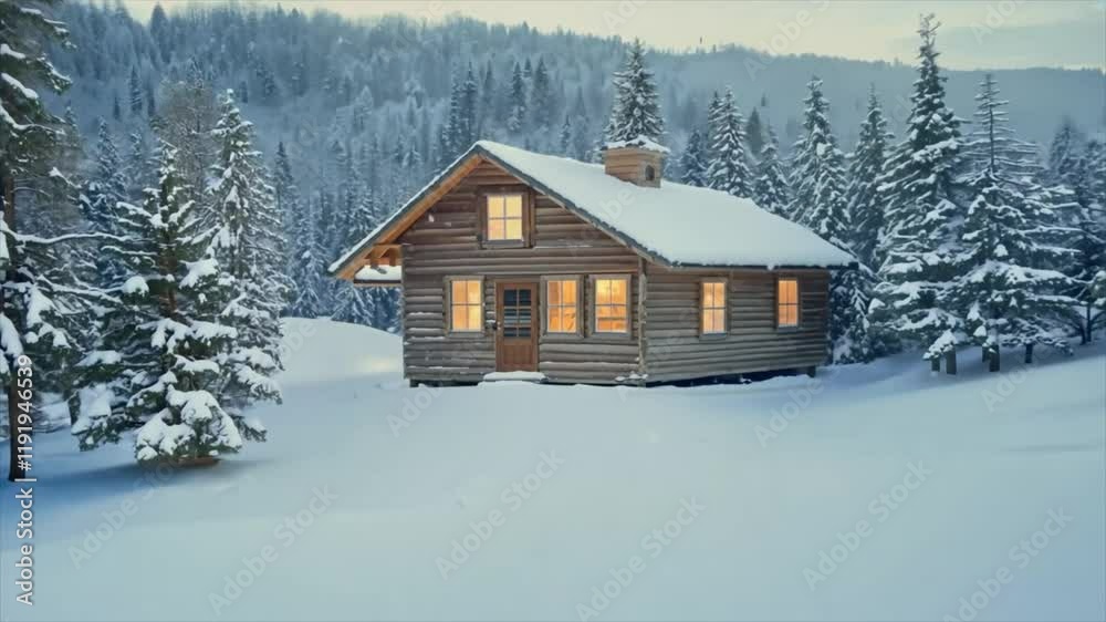 A cozy illuminated cabin nestled in a snowy forest. A cozy illuminated cabin nestled in a snowy forest.
