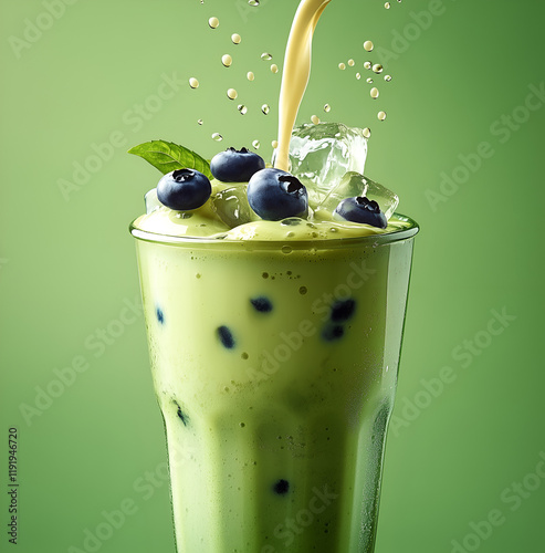 Green tea matcha latte with ice, blueberries, and milk being poured into a glass, with a green background