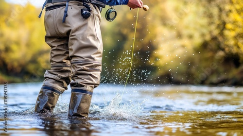 Fly fisherman wading in autumn river, casting line.