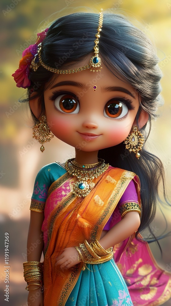 Adorable Digital Illustration of a Young Girl in Traditional Indian Attire Adorable Digital Illustration of a Young Girl in Traditional Indian Attire