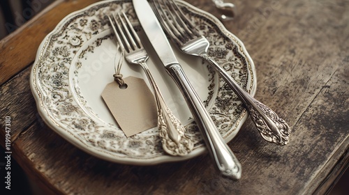 Elegant silverware rests on ornate plate with blank tag