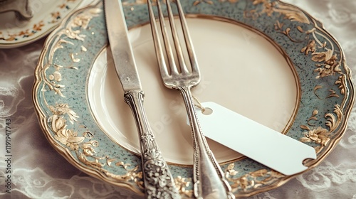 Elegant place setting with antique silverware and a blank tag