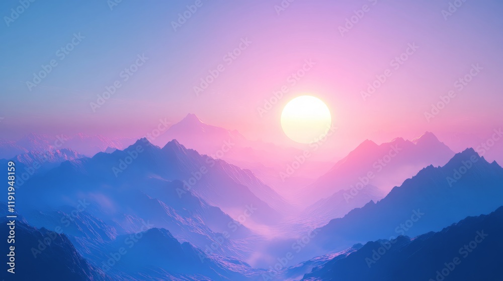 Serene sunset over majestic mountains, bathed in pink and blue hues. Serene sunset over majestic mountains, bathed in pink and blue hues.