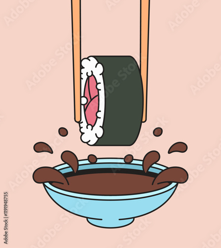 Hands picking up sushi using chopsticks above a dipping sauce designed in a fun cartoon style, perfect for food and dining illustrations