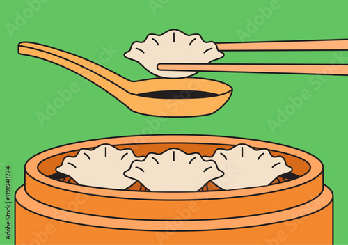Steamed dumplings being served with sauce using chopsticks illustrated in a colorful hand-drawn cartoon style perfect for culinary food snack store design element