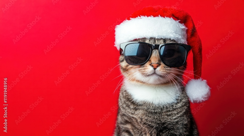 A festive cat in stylish sunglasses and a fluffy Santa hat, looking cool and cheerful, isolated on a bright red background. A festive cat in stylish sunglasses and a fluffy Santa hat, looking cool and cheerful, isolated on a bright red background.