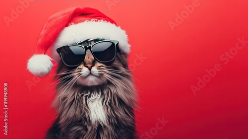 A festive cat in stylish sunglasses and a fluffy Santa hat, looking cool and cheerful, isolated on a bright red background.