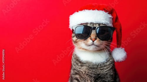 A festive cat in stylish sunglasses and a fluffy Santa hat, looking cool and cheerful, isolated on a bright red background.