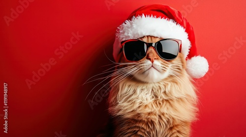 A festive cat in stylish sunglasses and a fluffy Santa hat, looking cool and cheerful, isolated on a bright red background.