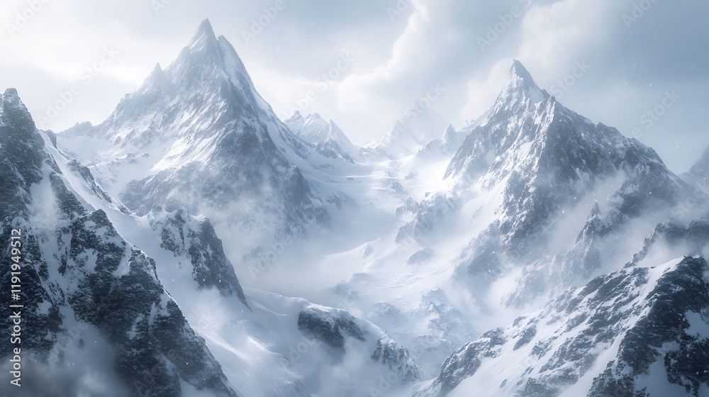 Majestic Winter Mountain Peaks in Blizzard Conditions