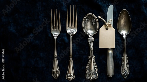 Antique Silverware Set with Place Card on Dark Fabric