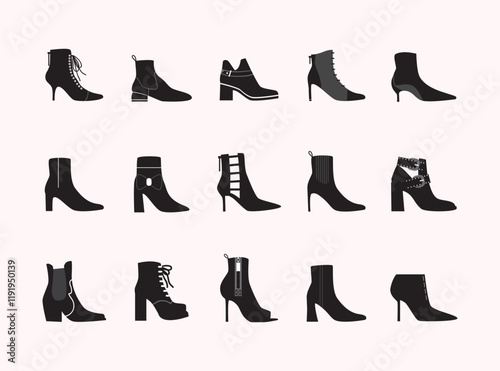 Black ink silhouette cute assorted different style women high heel ankle boots icons set design elements on light pink background poster