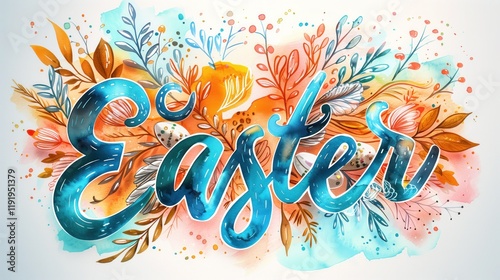 Wallpaper Mural Watercolor Easter typography background, hand-lettered "Easter" surrounded by pastel brush textures, charming and bold Torontodigital.ca