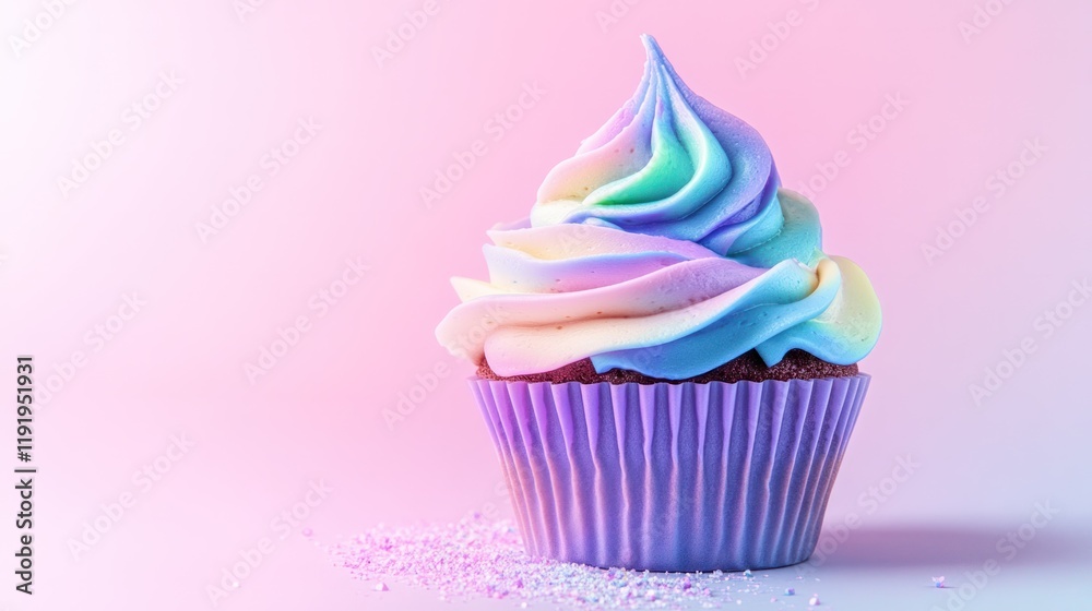 Artistic pastel cupcake with rainbow frosting in soft tones of blue, lavender, and pink, glowing gently on a clean background. Artistic pastel cupcake with rainbow frosting in soft tones of blue, lavender, and pink, glowing gently on a clean background.