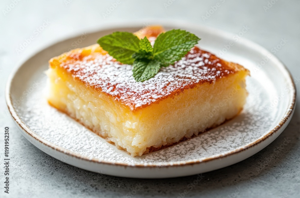 Deliciously Moist and Sweet Rice Cake with Powdered Sugar Topping and Fresh Mint Leaf Garnish on Elegant White Plate Perfect for Dessert Lovers Deliciously Moist and Sweet Rice Cake with Powdered Sugar Topping and Fresh Mint Leaf Garnish on Elegant White Plate Perfect for Dessert Lovers