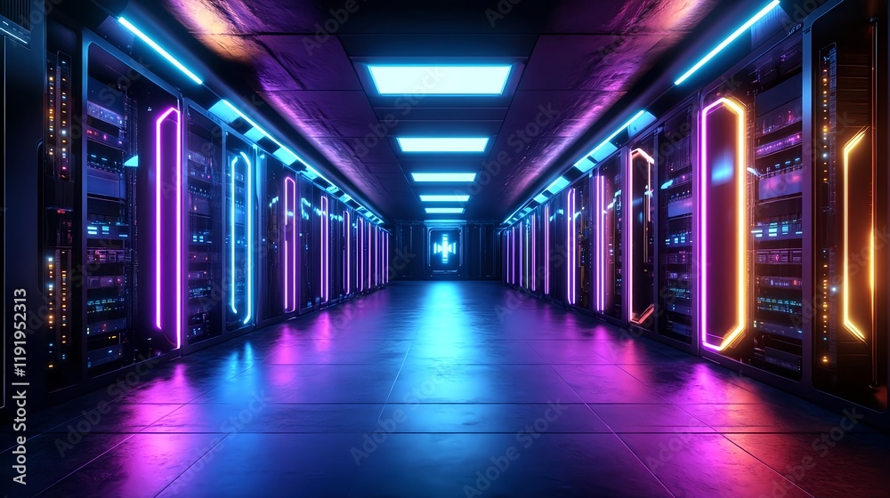 Fototapeta premium neon server room, futuristic tech corridor - cyberpunk aesthetics