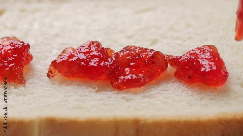 putting strawberry jam on a slice of bread