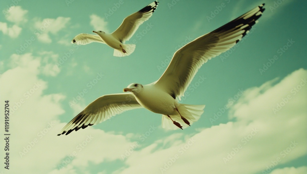 Obraz premium Two Seagulls in Flight: A Serene Sky Scene