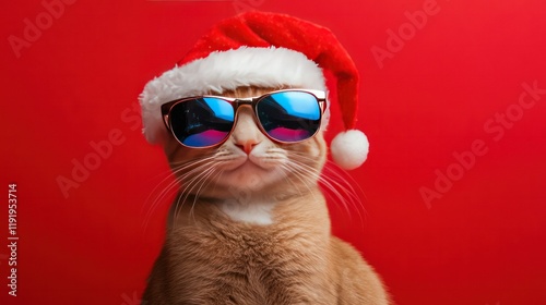 Cool Christmas cat with reflective sunglasses and a Santa hat, sitting stylishly against a bright red backdrop for holiday cards.