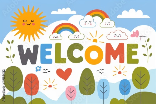 A cheerful welcome graphic features colorful rainbows trees and sun
