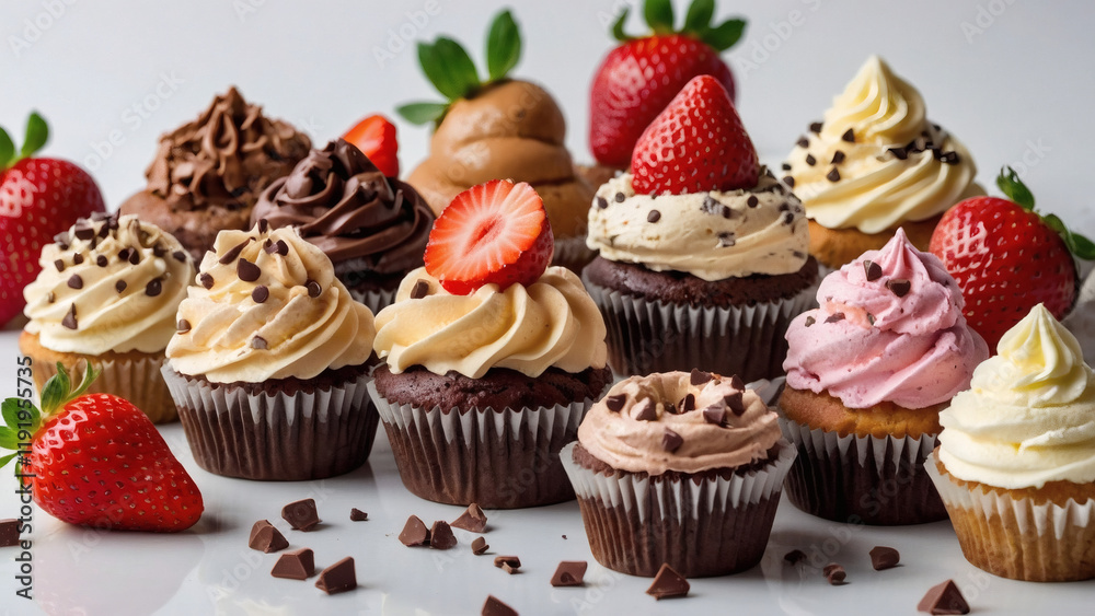Delicious assortment of cupcakes adorned with fresh strawberries and chocolate sprinkles arranged on a bright background Delicious assortment of cupcakes adorned with fresh strawberries and chocolate sprinkles arranged on a bright background