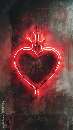 red neon lights heart shape crown distressed grunge beige brown black wall background vertical mobile social media backdrop wallpaper valentine's day card invitation photo