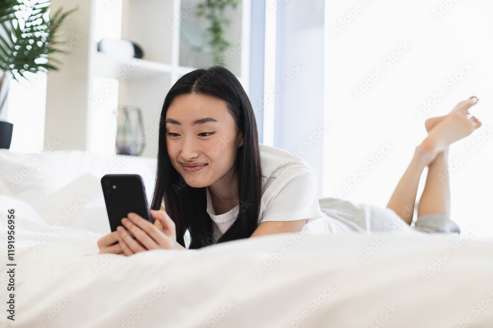 Asian woman in twenties lying on bed using smartphone. Relaxed atmosphere, connected with digital world, enjoying leisure time. Bright room, peaceful setting, modern lifestyle conveyed. Asian woman in twenties lying on bed using smartphone. Relaxed atmosphere, connected with digital world, enjoying leisure time. Bright room, peaceful setting, modern lifestyle conveyed.