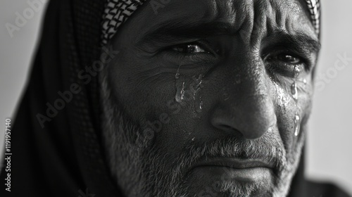 Extreme emotional black and white portrait of a poor Arabic man, tears falling as his eyes reflect hardship and sorrow. photo