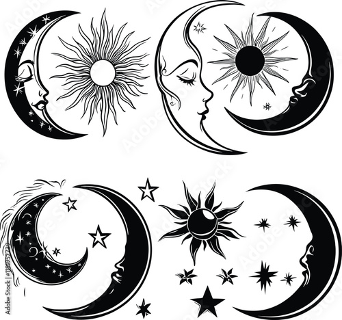 Sun and Moon Vector Illustration - Celestial Design - Isolated on White