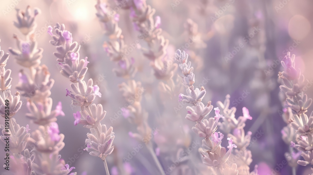 Naklejka premium A soft, dreamy field of lavender flowers, evoking tranquility and beauty.