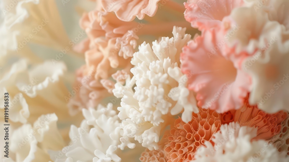 A close-up of delicate, textured flowers in soft pastel colors. A close-up of delicate, textured flowers in soft pastel colors.