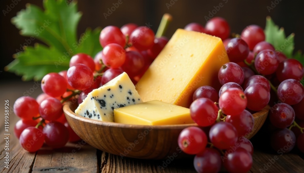 A colorful selection of artisanal cheeses nestled among clusters of juicy red grapes in a natural wood basket, country-inspired presentation, rustic gift idea A colorful selection of artisanal cheeses nestled among clusters of juicy red grapes in a natural wood basket, country-inspired presentation, rustic gift idea
