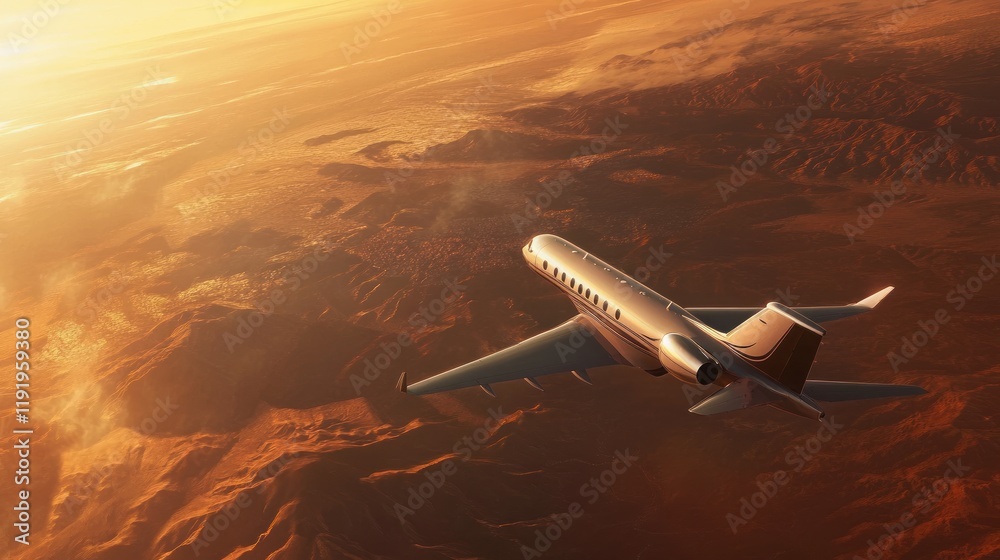 Golden Hour Flight: Private Jet Soaring Above Desert Landscape at Sunset