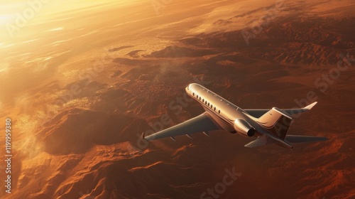 Obraz na płótnie Golden Hour Flight: Private Jet Soaring Above Desert Landscape at Sunset w salonie