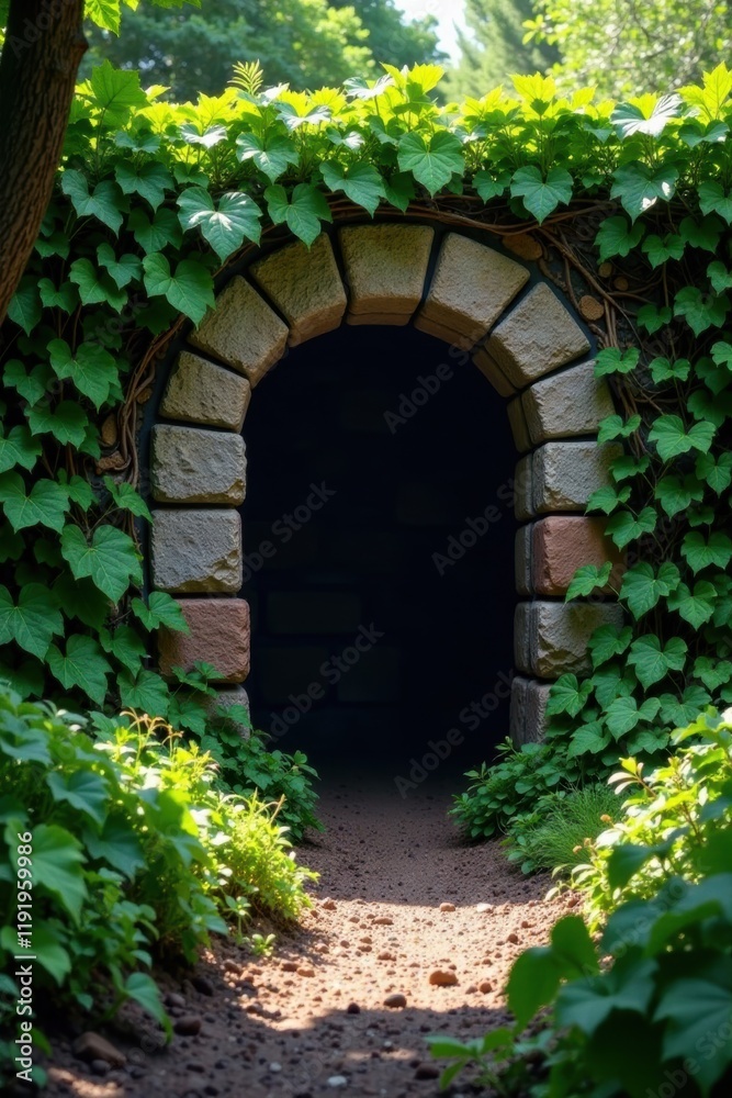 Ancient Neolithic Dolmen Entrance Hidden Among Vines, hidden passageway, mossy exterior Ancient Neolithic Dolmen Entrance Hidden Among Vines, hidden passageway, mossy exterior