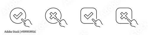 Hand clicking check mark icon set. Click hand cursor with tick and cross line icons - Finger choice check List outline icon, editable stroke