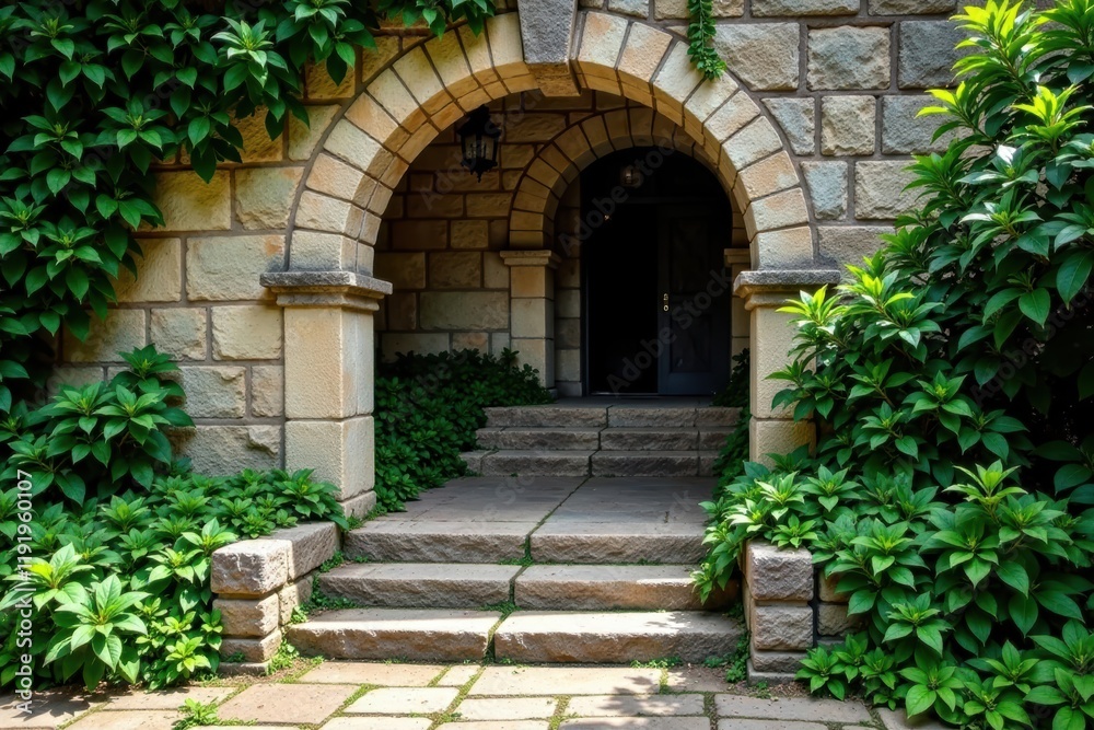 Fototapeta premium Ancient stone wall with ivy covered arches and stairs leading down, old building, rustic