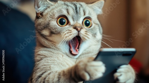 Funny shocked cat with its mouth open in surprise, sitting upright and furiously typing on a smartphone with paws.