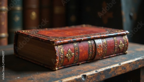 Ancient tome bound in worn leather sits atop dusty shelf , light, glowing